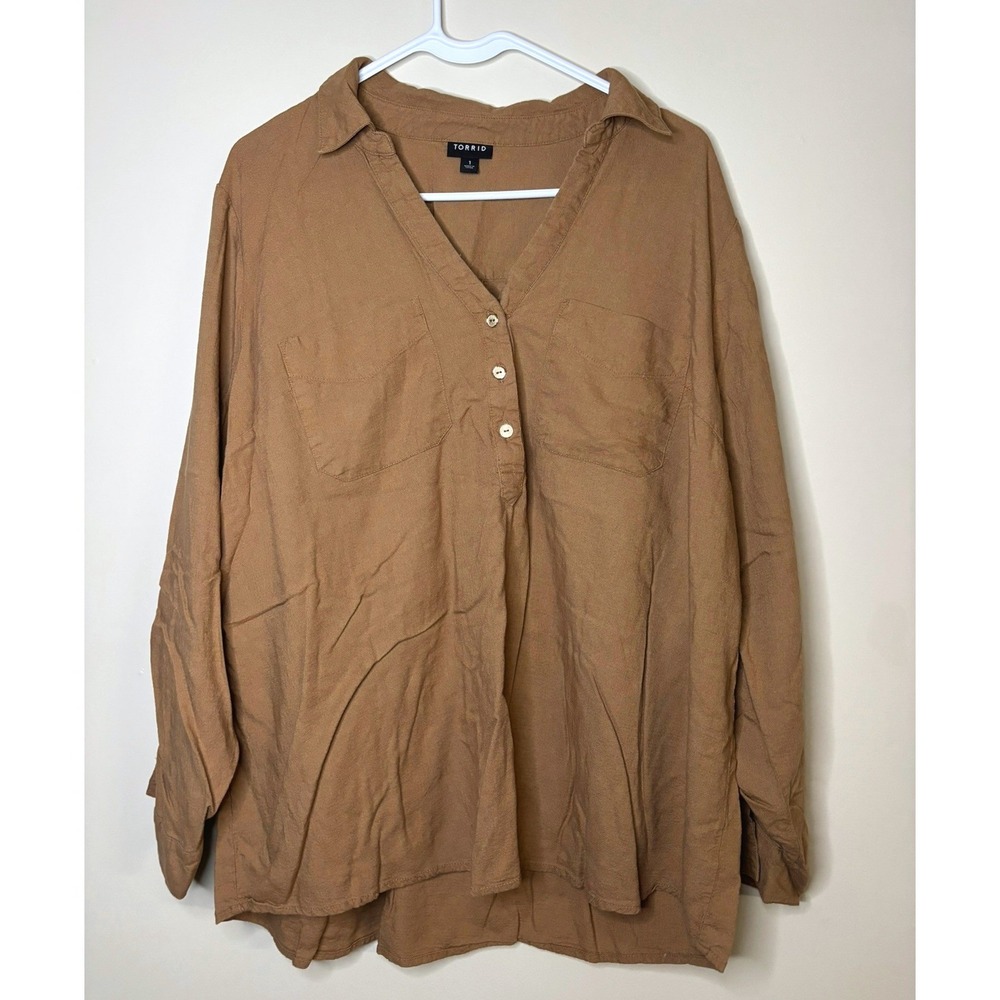 Torrid Brown Linen Blend Button Tab Sleeve Henley Blouse Top 1 Plus Size 1X